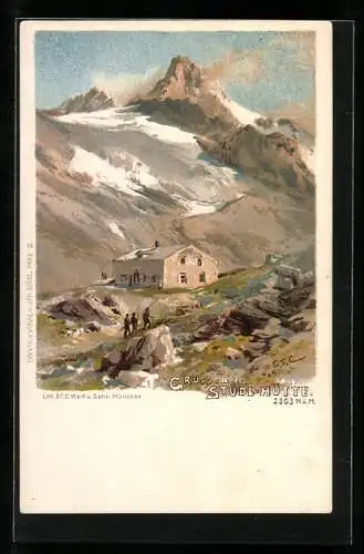 Künstler-Lithographie Edward Theodore Compton: Stüdl-Hütte, Berghütte mit Umgebung, Bergsteiger