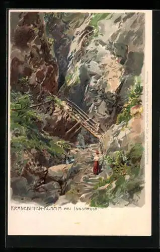 Künstler-AK Edward Theodore Compton: Innsbruck, Wanderer in der Kranebitten-Klamm