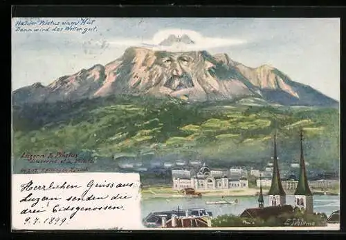 Künstler-AK F.Schlemo: Killinger Nr.202, Luzern, Ortsansicht mit Pilatus, Berg mit Gesicht, Berggesichter