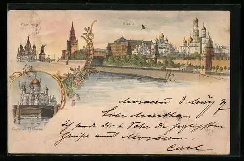 Lithographie Moscou, Place rouge, Kremlin, Cathedrale St. Sauveur