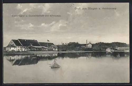 AK Stegen a. Ammersee, Gasthaus und Bierbrauerei von Schreyegg vom Wasser aus gesehen