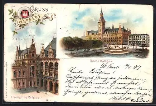 Lithographie Hamburg, Partie am Rathaus mit Ehrenhof & Wappen