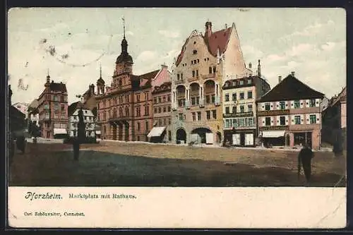 AK Pforzheim, Marktplatz mit Rathaus