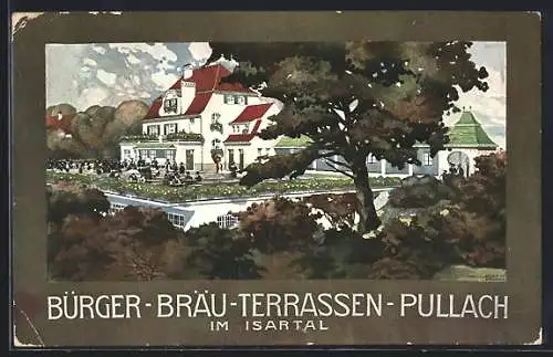 Künstler-AK Pullach, Internat. Strassen- und Kleinbahnen Kongress 1908, Bürger-Bräu-Terrassen