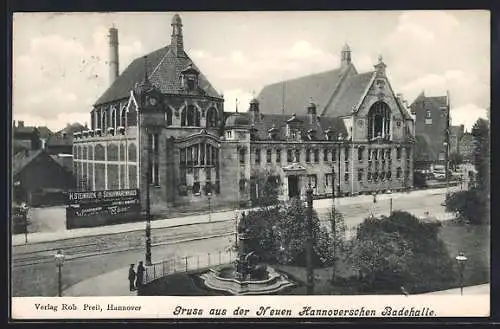 AK Hannover, Neue Hannoversche Badehalle mit Brunnen