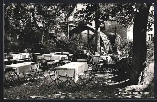 AK Bensheim-Zell, Gartenpartie vom Gasthaus Vetters Mühle