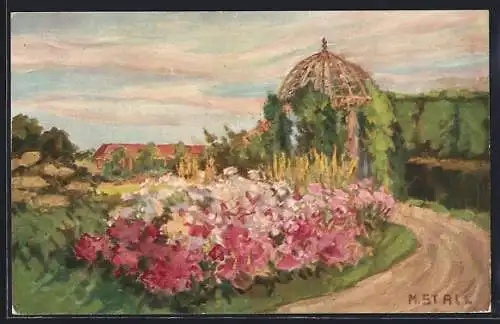 Künstler-AK München-Nymphenburg, Botanischer Garten, Rosenrabatten und Laubengang