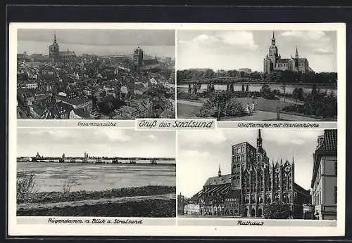 AK Stralsund, Wulflamufer mit Marienkirche, Rügendamm mit Blick auf den Ort, Rathaus