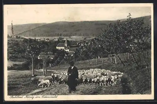 AK König im Odenwald, Ortspartie und Hirte mit Schafen