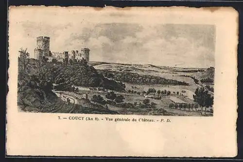 Lithographie Coucy, Vue générale du Château