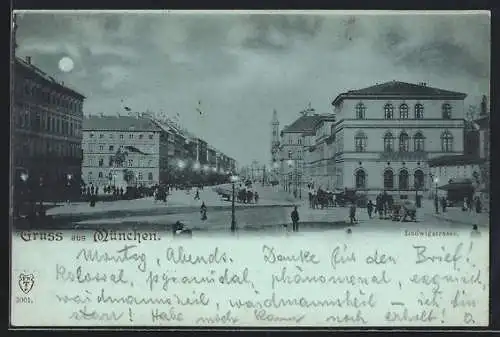 Mondschein-AK München, Ludwigstrasse mit Cafe Putscref