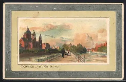 Lithographie München, Lucaskirche und Isarlust