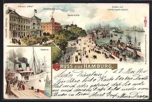 Lithographie Hamburg-St. Pauli, Hotel Wiezele, Seemannshaus, Seewarte, Hafen mit Landungsbrücken, Dampfer Cobra