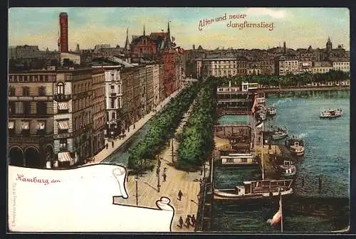 Lithographie Hamburg-Neustadt, Alter und neuer Jungfernstieg, Boote