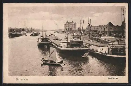 AK Karlsruhe, Rheinhafen mit Dampfer, Segelboot und Güterschiff