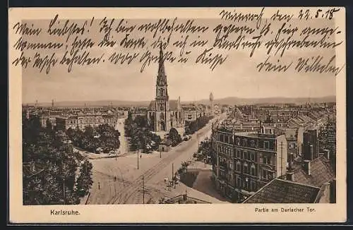 AK Karlsruhe, Strassenpartie am Durlacher Tor mit Kirche