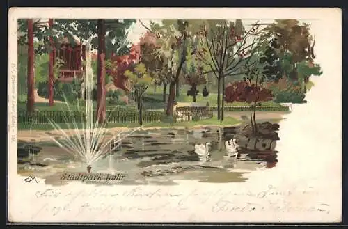 Lithographie Lahr / Baden, Stadtpark mit Fontäne