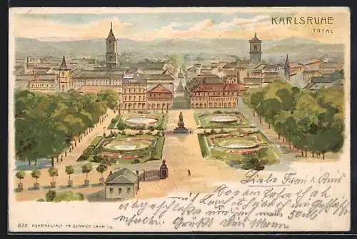 Lithographie Karlsruhe, Blick über die Stadt um 1900