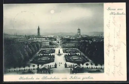 AK Karlsruhe, Teilansicht im Mondschein vom Schloss gesehen