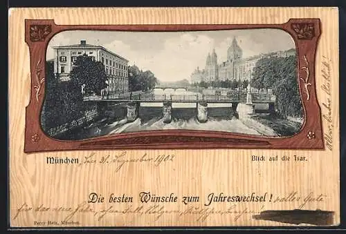 Passepartout-AK München, Isarpartie v. Maximiliansbrücke gegen Lukaskirche