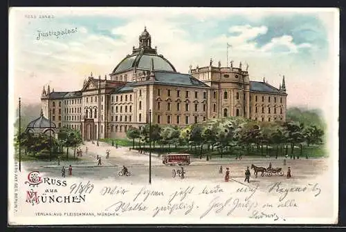 Lithographie München, Strassenbahn am Justizpalast, Mondschein und Fensterbeleuchtung