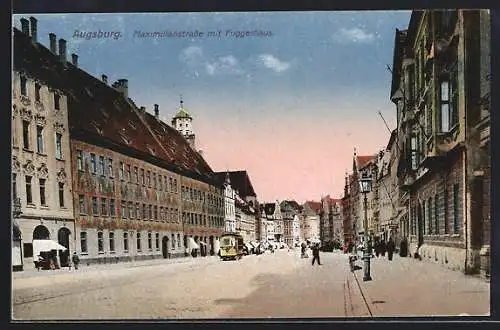 AK Augsburg, Strassenbahn in der Maximilianstrasse mit Fuggerhaus