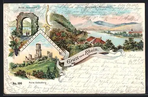 Lithographie Rolandseck, Teilansicht und Nonnenwerth, Ruine z. Rolandseck, Ruine Godesberg