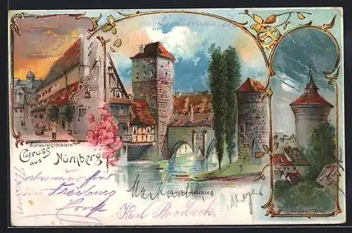 Lithographie Nürnberg, Am Henkersteg, Neues Tor, Gasthaus Bratwurstglöcklein