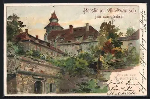 Lithographie Nürnberg, Vestnertor, Neujahrsgruss