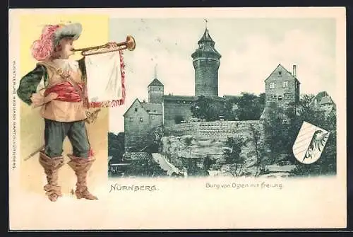 AK Nürnberg, Burg von Osten mit Freiung, Wappen, Mann mit Trompete