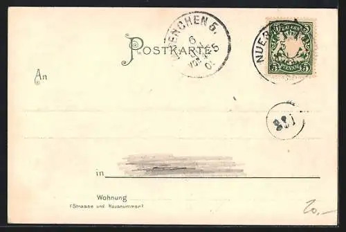 AK Nürnberg, Burg von Osten mit Freiung, Wappen, Mann mit Trompete