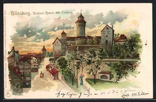 Lithographie Nürnberg, Vestner Thurm mit Freiung