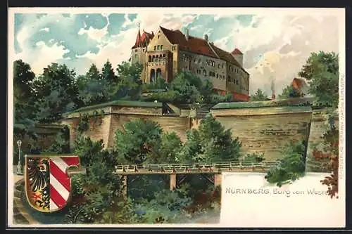 Lithographie Nürnberg, Blick auf die Burg von Westen