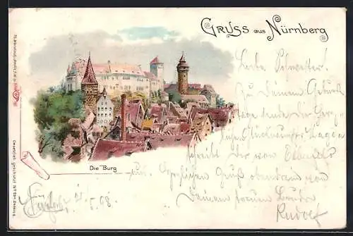 Lithographie Nürnberg, Teilansicht mit Schloss