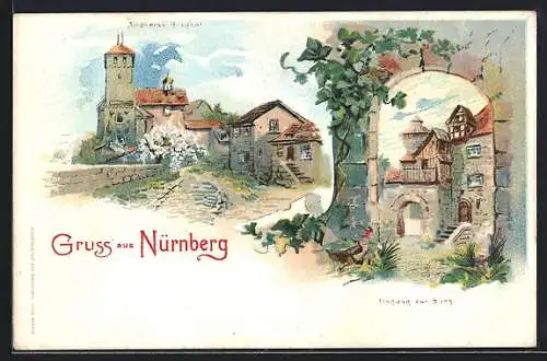 Lithographie Nürnberg, Äusserer Burghof, Eingang zur Burg