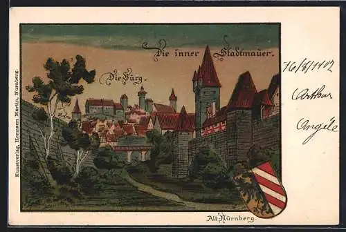 Lithographie Alt-Nürnberg, Die Burg, Die inner Stadtmaurer, Wappen