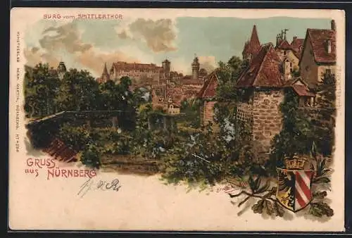 Lithographie Nürnberg, Burg vom Spittlertor, Wappen