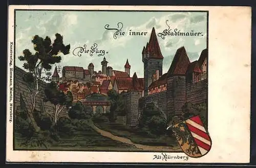 Lithographie Nürnberg, Alt-Nürnberg, Burg und innere Stadtmauer, Wappen