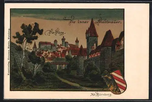 AK Nürnberg, Burg, Innere Stadtmauer, mit Wappen