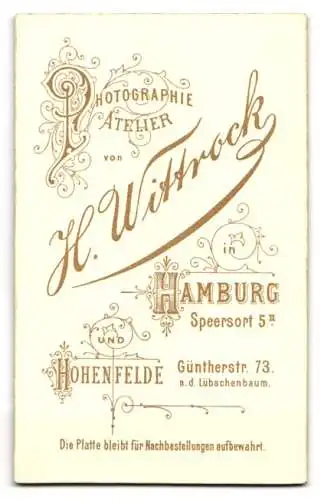 Fotografie H. Wittrock, Hamburg, Speersort 5, Sitzende Dame in viktorianischem Kleid