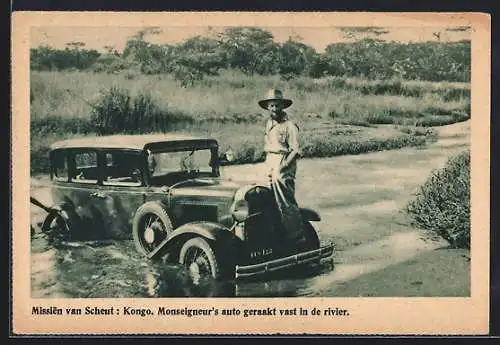 AK Kongo, Missien van Scheut, Monseigneurs auto geraakt vast in de rivier