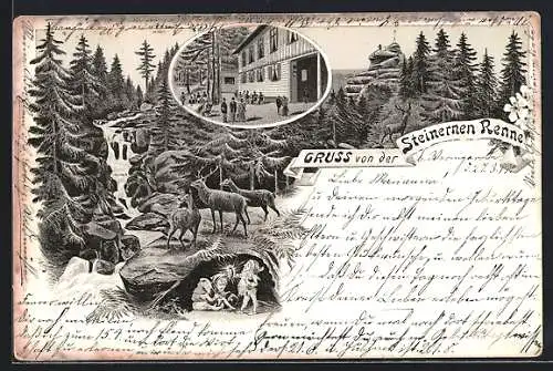 Lithographie Wernigerode, Steinerne Renne, Restauration, Wasserfall mit Zwergen