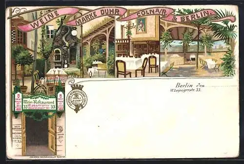 Lithographie Berlin, Gasthaus Weinhaus Duhr mit Innenansicht, Leipziger Strasse 33