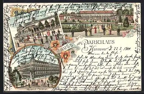 Lithographie Hannover, Grand-Hotel, Parkhaus, Schloss in Herrenhausen