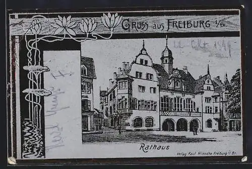 AK Freiburg i. B., Rathaus im Seerosen-Passepartout