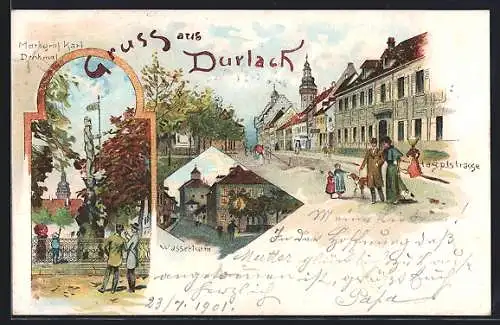 Lithographie Durlach, Wasserturm, Markgraf Karl-Denkmal, Hauptstrasse