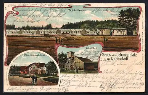 Lithographie Darmstadt, Übungsplatz, Offizier Frühstückslokal, Wellblechhausen, Göpel Nord