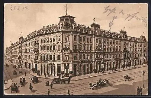 AK München, Partie am Grand Hotel Grünwald mit Pferdekutschen