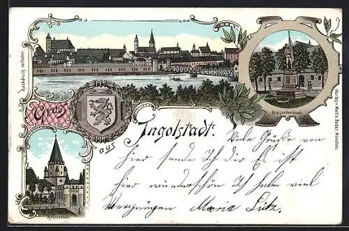 Lithographie Ingolstadt, Kreuzthor, Kriegerdenkmal und Flusspartie