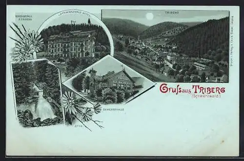 Mondschein-Lithographie Triberg /Schwarzwald, Schwarzwald-Hotel, Gewerbehalle, Wasserfall